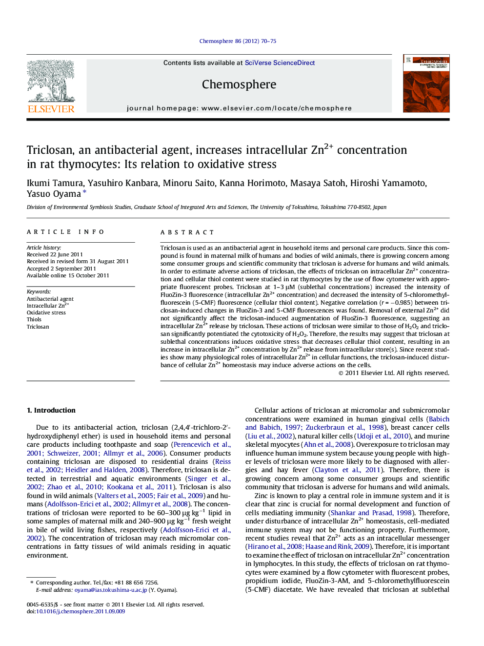 Triclosan, an antibacterial agent, increases intracellular Zn2+ concentration in rat thymocytes: Its relation to oxidative stress