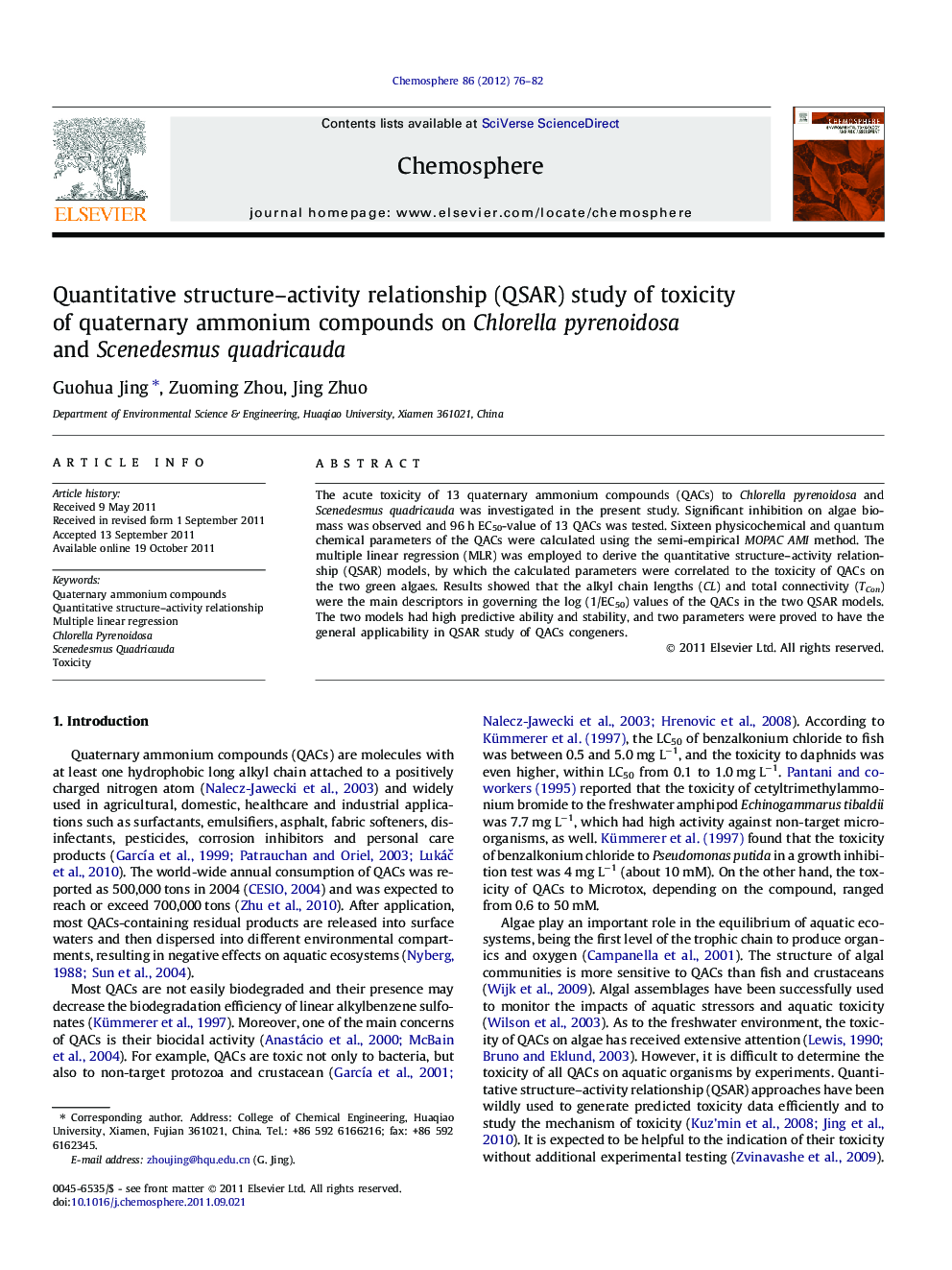 Quantitative structure-activity relationship (QSAR) study of toxicity of quaternary ammonium compounds on Chlorella pyrenoidosa and Scenedesmus quadricauda