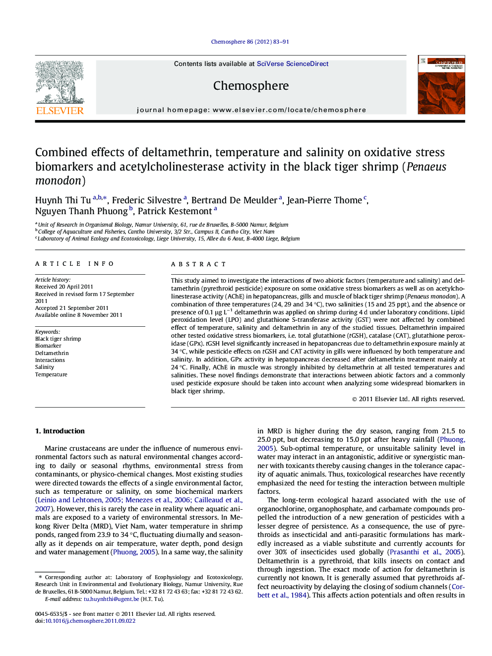 Combined effects of deltamethrin, temperature and salinity on oxidative stress biomarkers and acetylcholinesterase activity in the black tiger shrimp (Penaeus monodon)