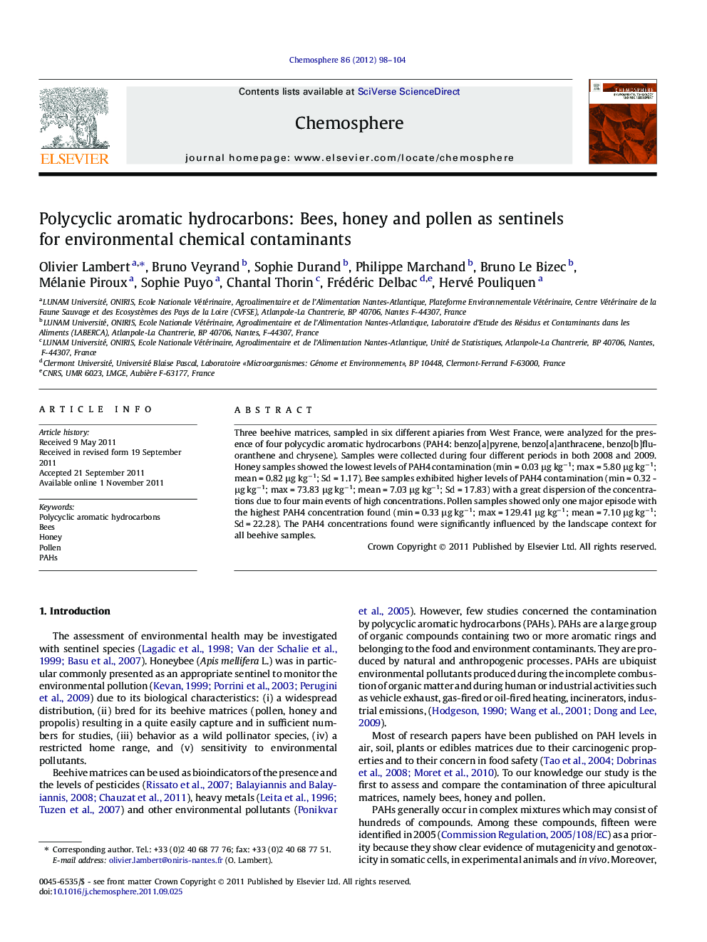 Polycyclic aromatic hydrocarbons: Bees, honey and pollen as sentinels for environmental chemical contaminants