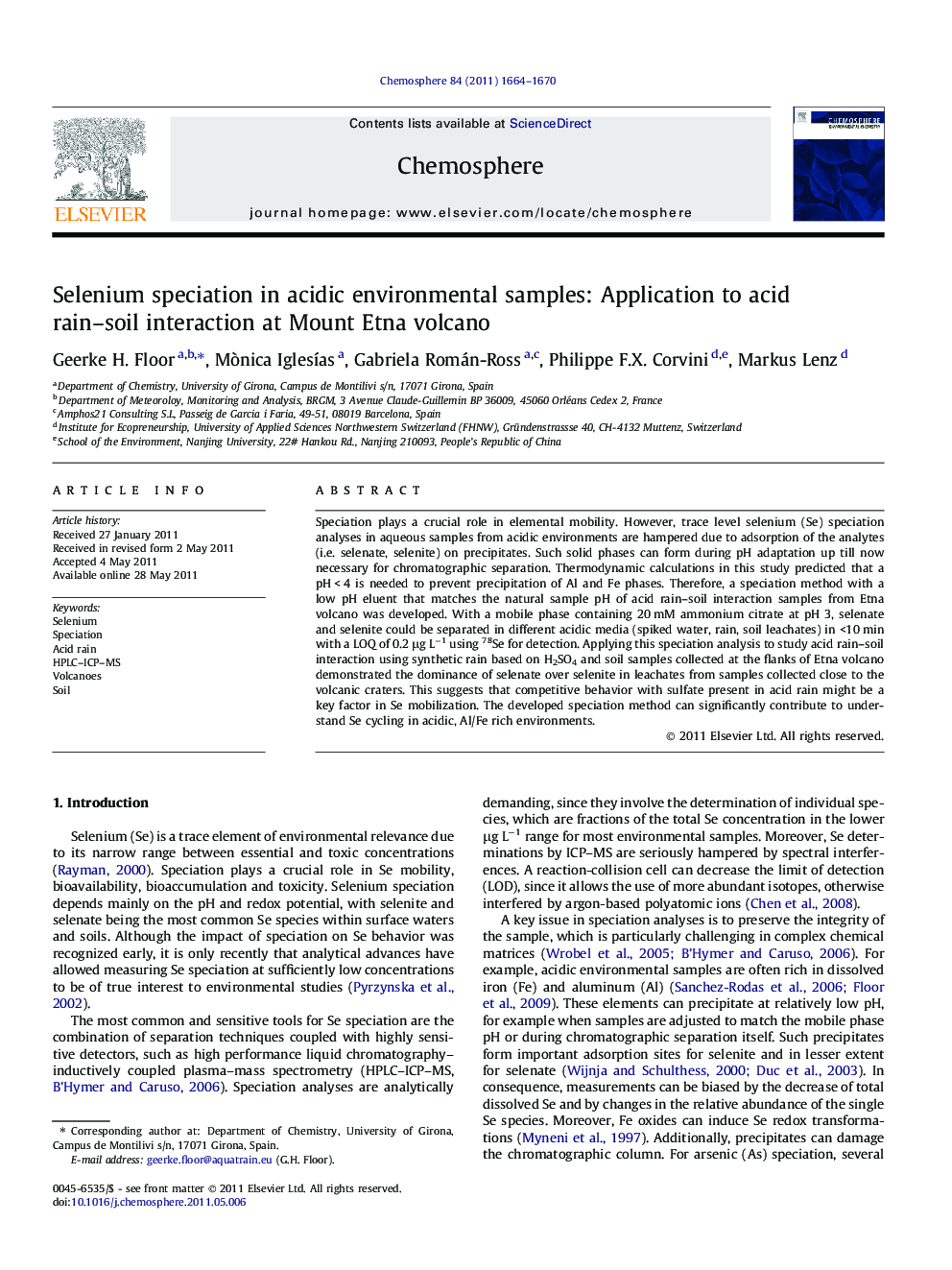 Selenium speciation in acidic environmental samples: Application to acid rain-soil interaction at Mount Etna volcano