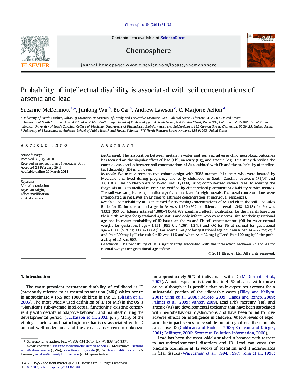 Probability of intellectual disability is associated with soil concentrations of arsenic and lead