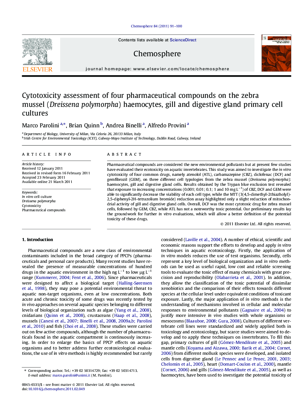 Cytotoxicity assessment of four pharmaceutical compounds on the zebra mussel (Dreissena polymorpha) haemocytes, gill and digestive gland primary cell cultures