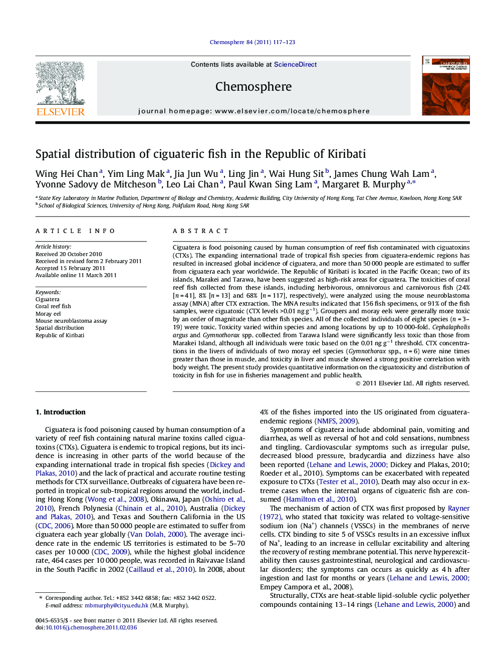 Spatial distribution of ciguateric fish in the Republic of Kiribati