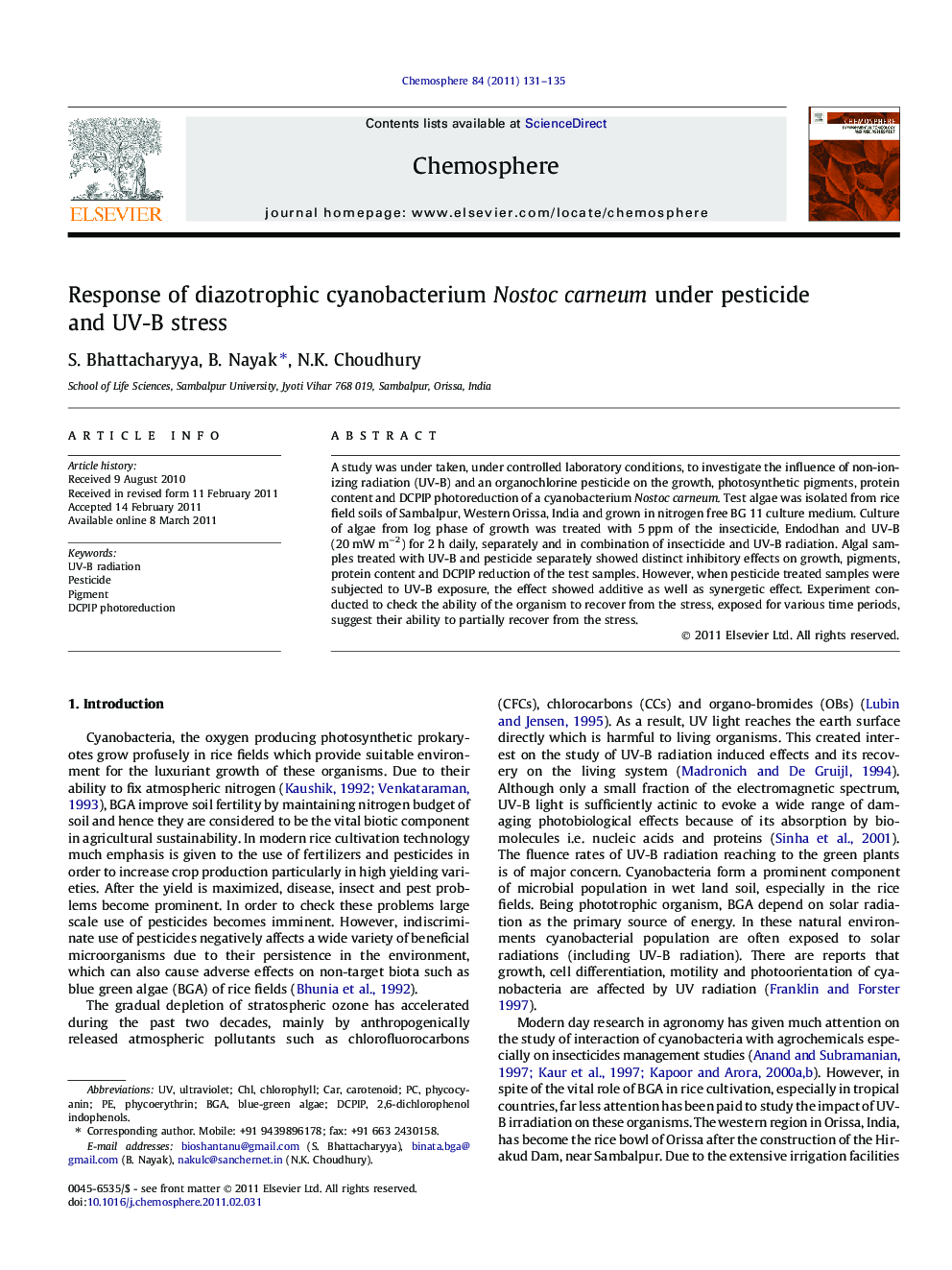 Response of diazotrophic cyanobacterium Nostoc carneum under pesticide and UV-B stress