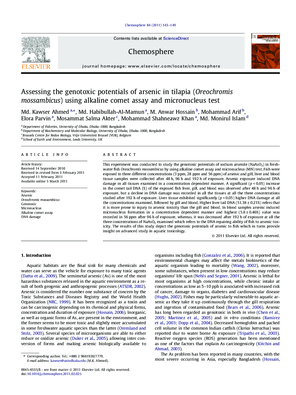 Assessing the genotoxic potentials of arsenic in tilapia (Oreochromis mossambicus) using alkaline comet assay and micronucleus test