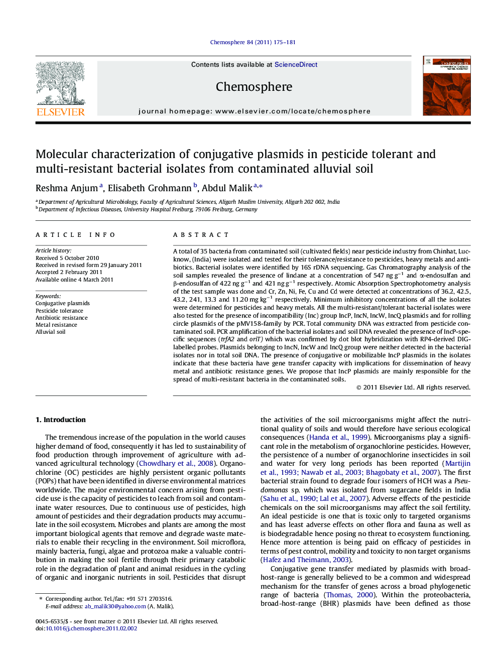 Molecular characterization of conjugative plasmids in pesticide tolerant and multi-resistant bacterial isolates from contaminated alluvial soil