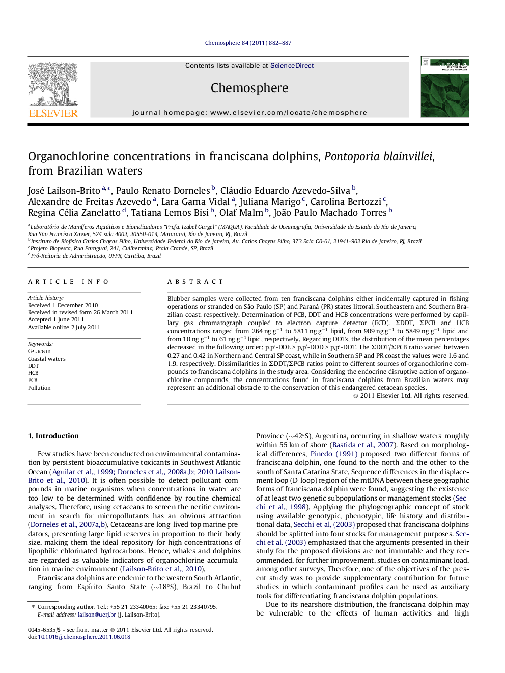 Organochlorine concentrations in franciscana dolphins, Pontoporia blainvillei, from Brazilian waters