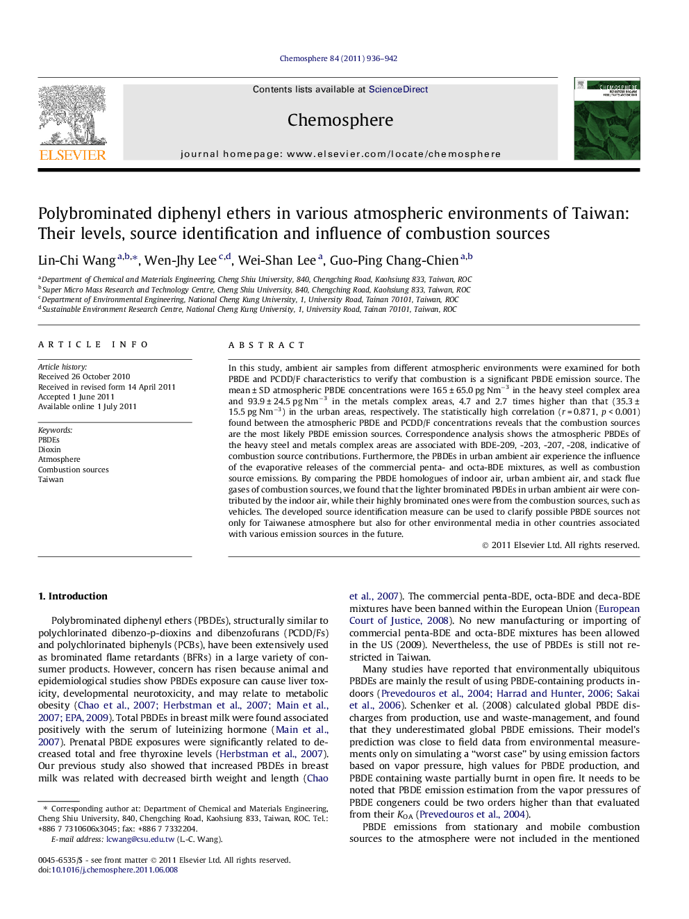 Polybrominated diphenyl ethers in various atmospheric environments of Taiwan: Their levels, source identification and influence of combustion sources