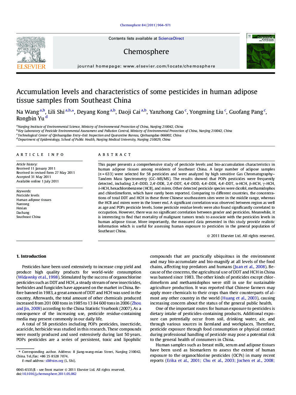 Accumulation levels and characteristics of some pesticides in human adipose tissue samples from Southeast China