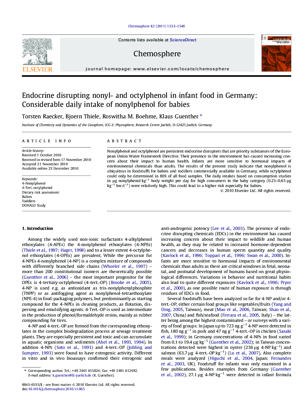 Endocrine disrupting nonyl- and octylphenol in infant food in Germany: Considerable daily intake of nonylphenol for babies