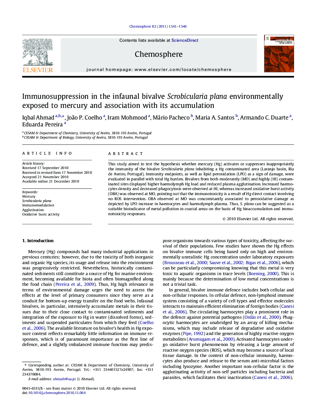 Immunosuppression in the infaunal bivalve Scrobicularia plana environmentally exposed to mercury and association with its accumulation