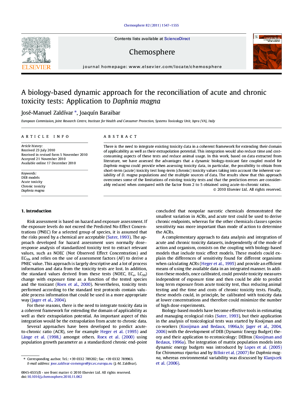 A biology-based dynamic approach for the reconciliation of acute and chronic toxicity tests: Application to Daphnia magna