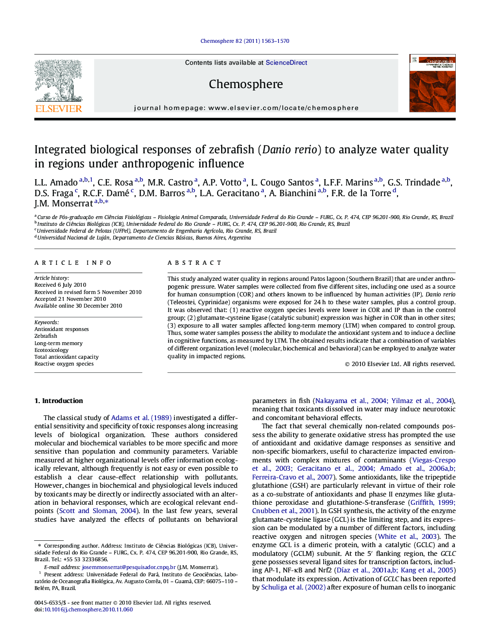 Integrated biological responses of zebrafish (Danio rerio) to analyze water quality in regions under anthropogenic influence