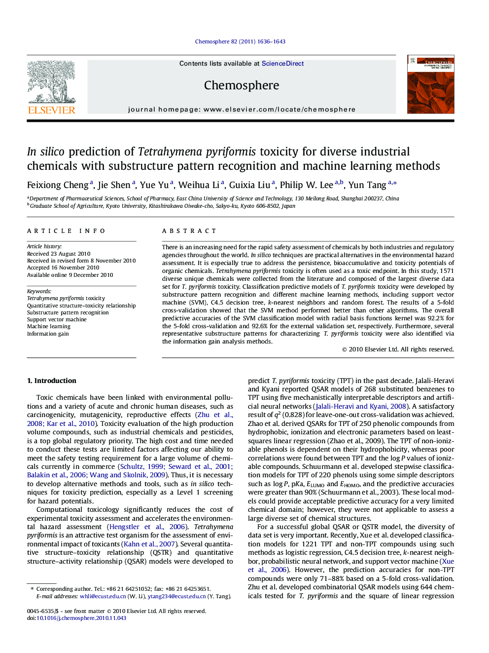 In silico prediction of Tetrahymena pyriformis toxicity for diverse industrial chemicals with substructure pattern recognition and machine learning methods