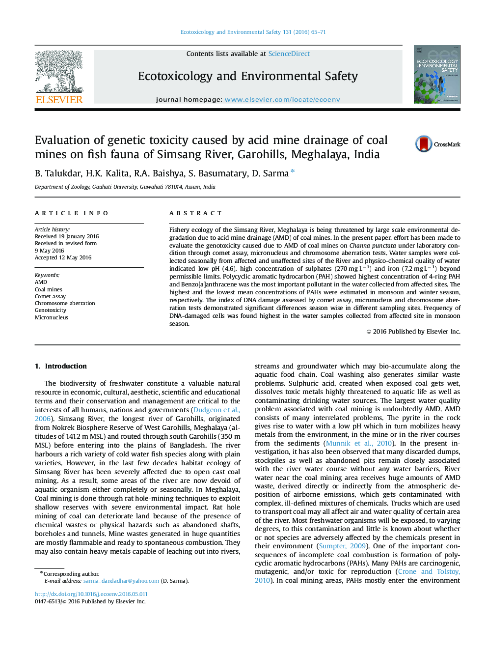 Evaluation of genetic toxicity caused by acid mine drainage of coal mines on fish fauna of Simsang River, Garohills, Meghalaya, India