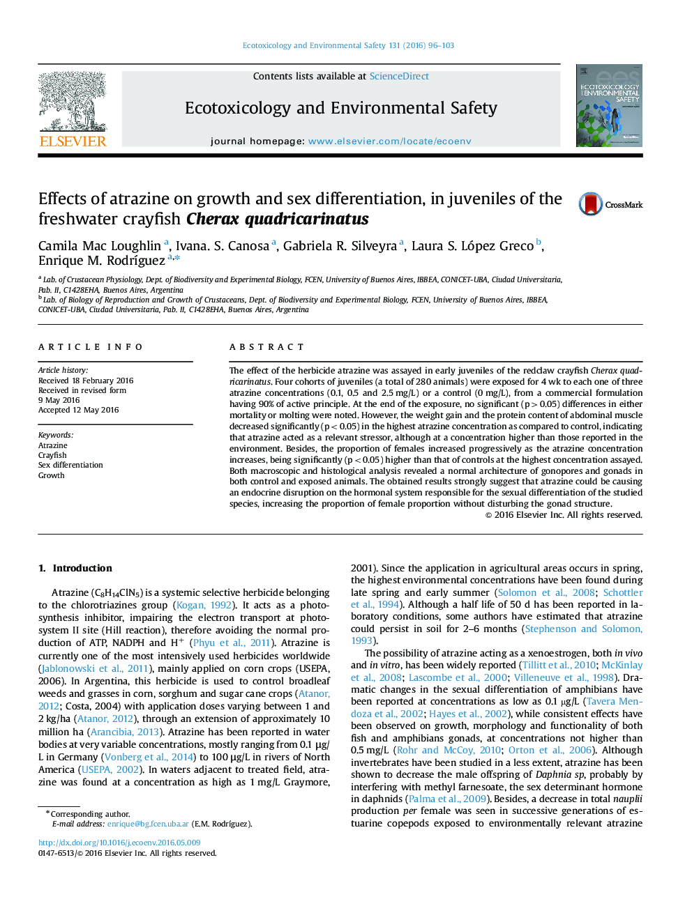 Effects of atrazine on growth and sex differentiation, in juveniles of the freshwater crayfish Cherax quadricarinatus