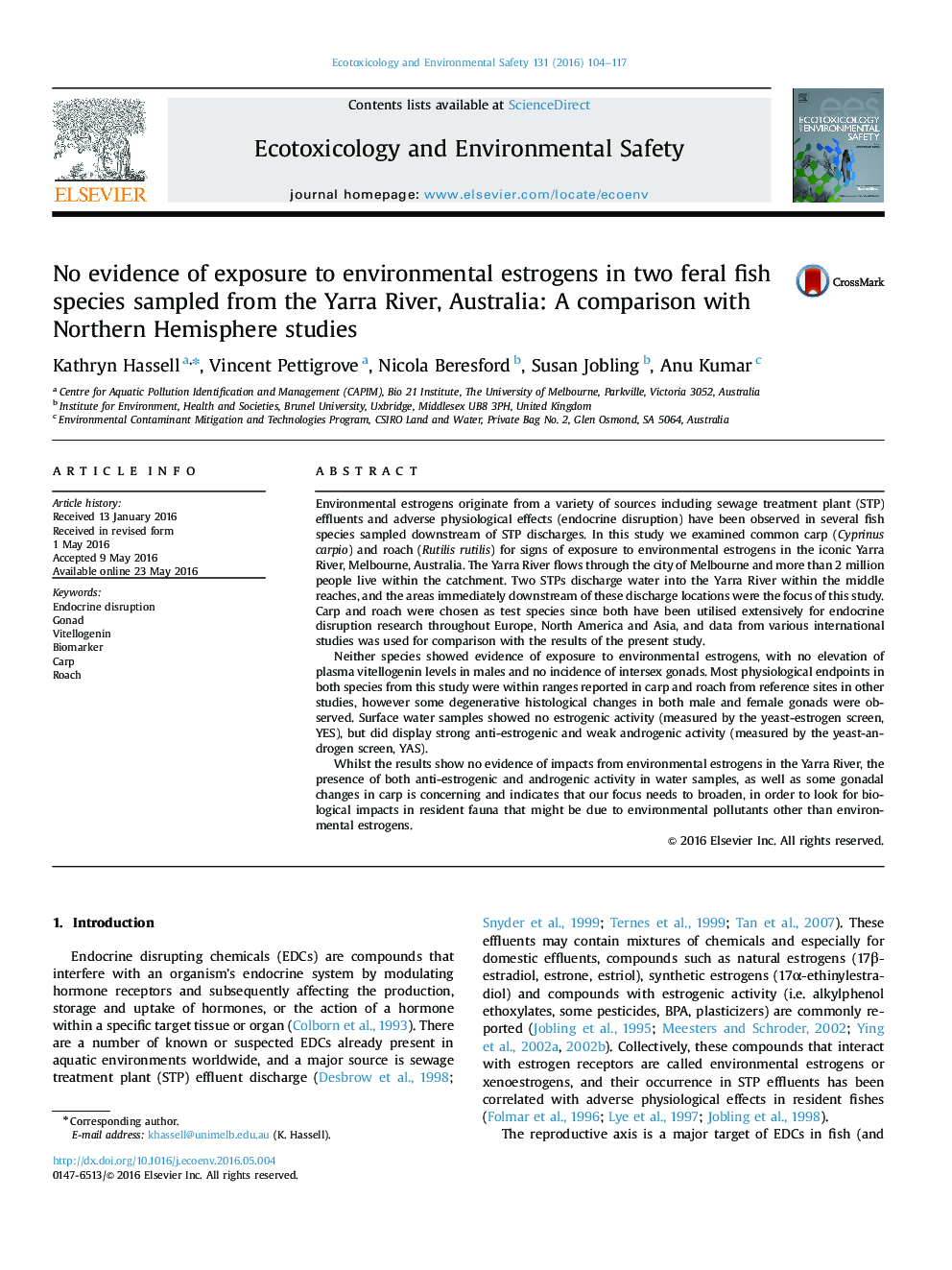 No evidence of exposure to environmental estrogens in two feral fish species sampled from the Yarra River, Australia: A comparison with Northern Hemisphere studies