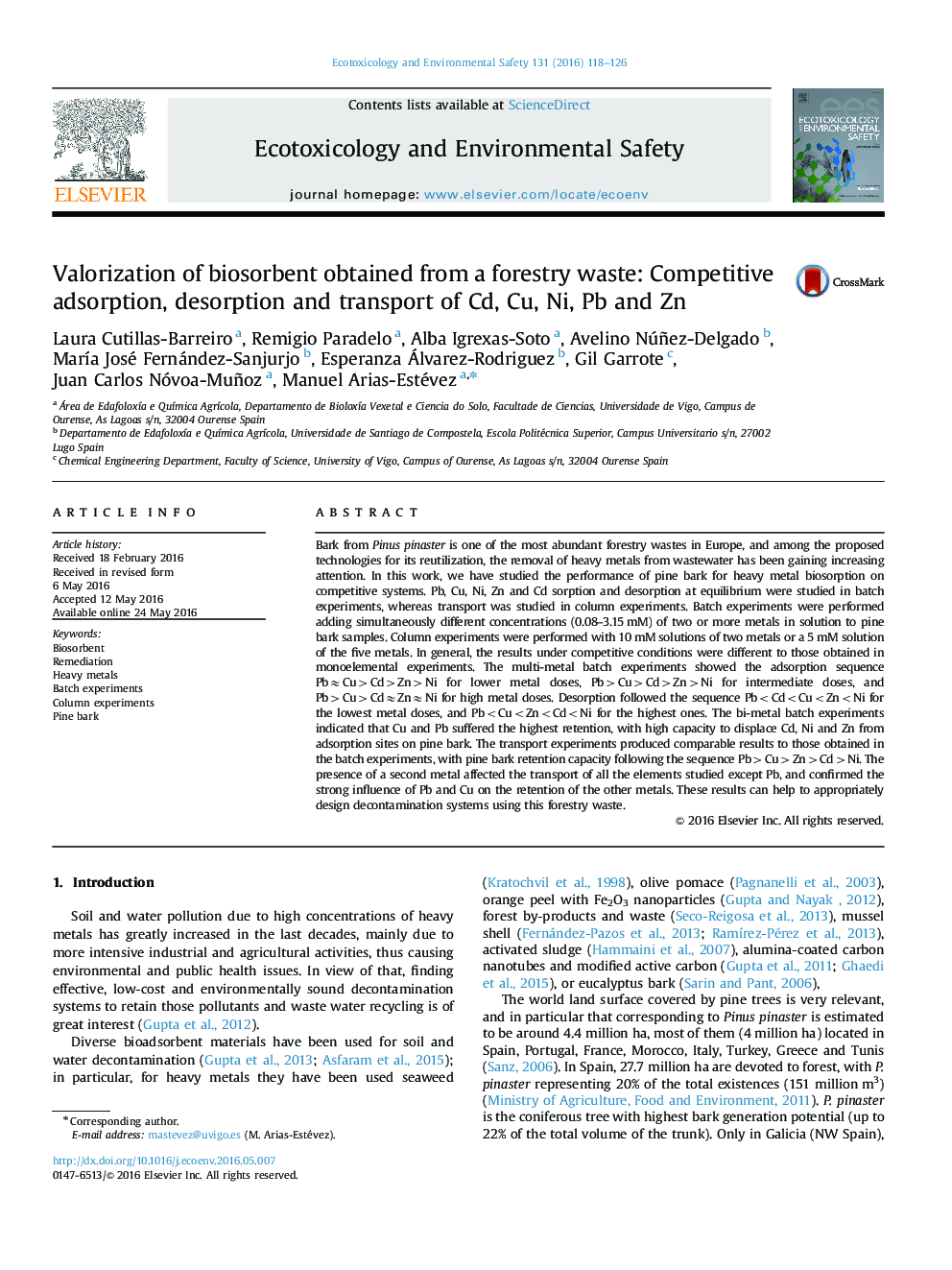 Valorization of biosorbent obtained from a forestry waste: Competitive adsorption, desorption and transport of Cd, Cu, Ni, Pb and Zn