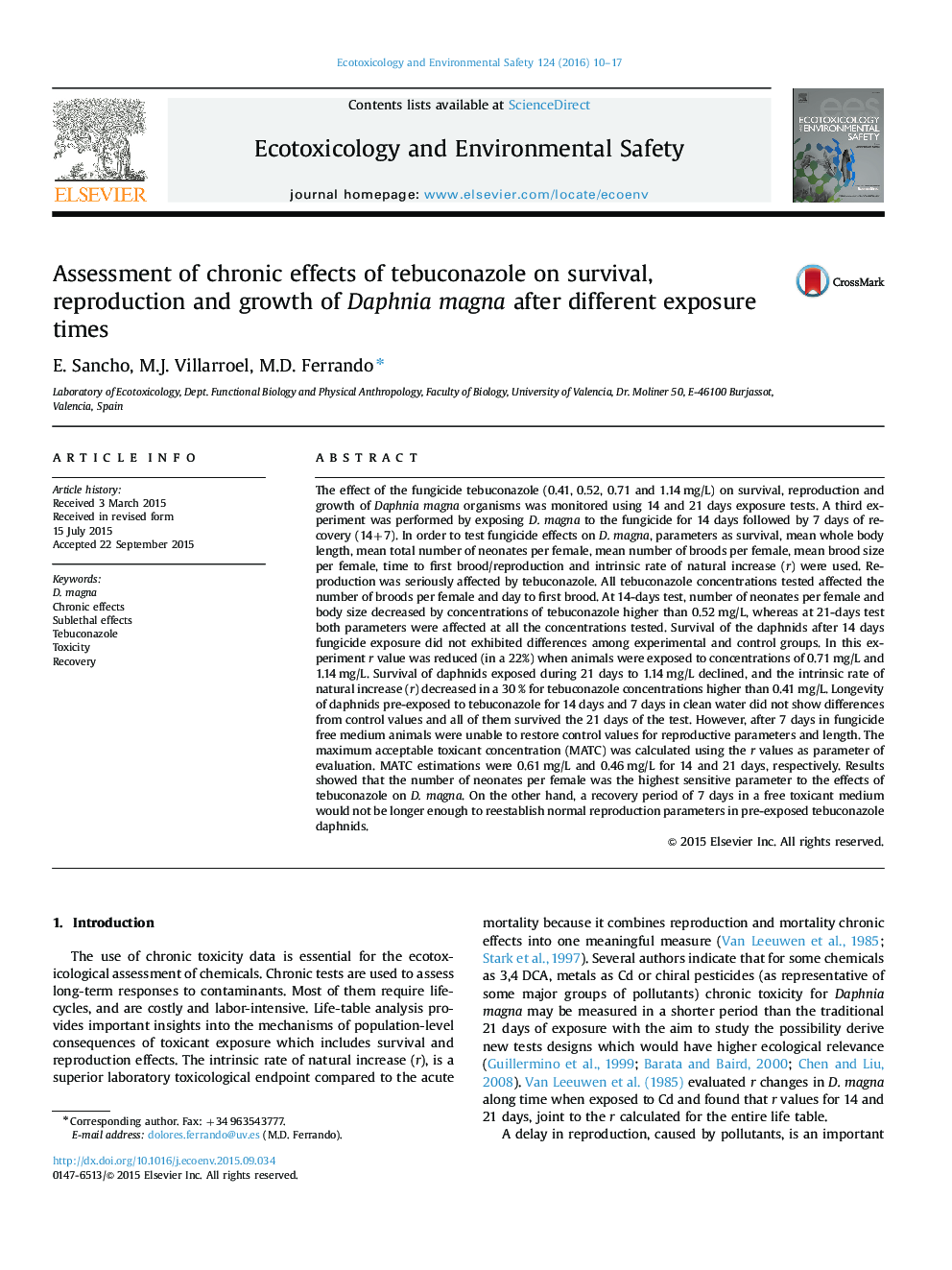 Assessment of chronic effects of tebuconazole on survival, reproduction and growth of Daphnia magna after different exposure times