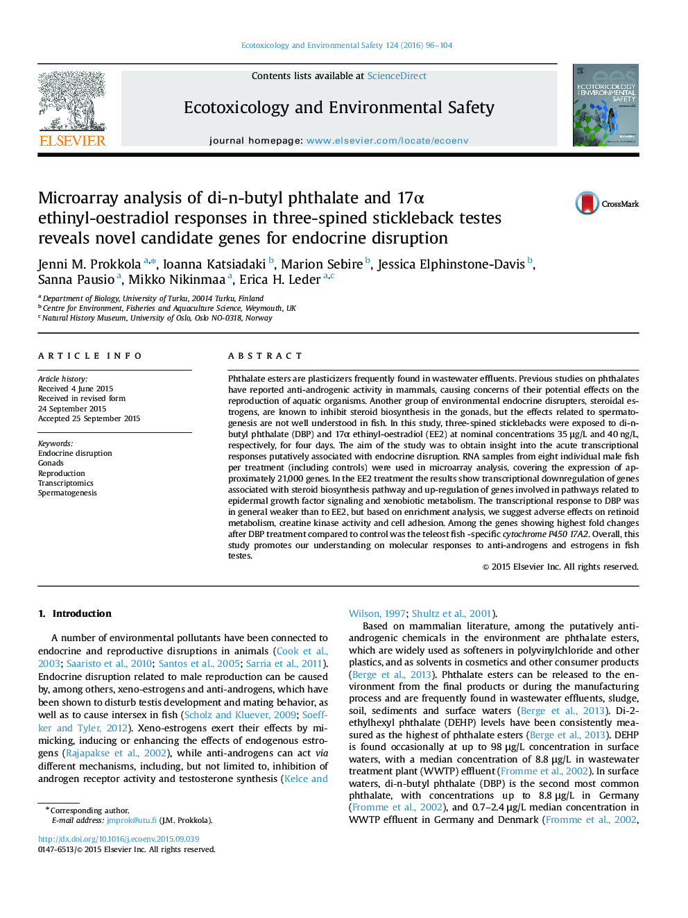 Microarray analysis of di-n-butyl phthalate and 17Î± ethinyl-oestradiol responses in three-spined stickleback testes reveals novel candidate genes for endocrine disruption