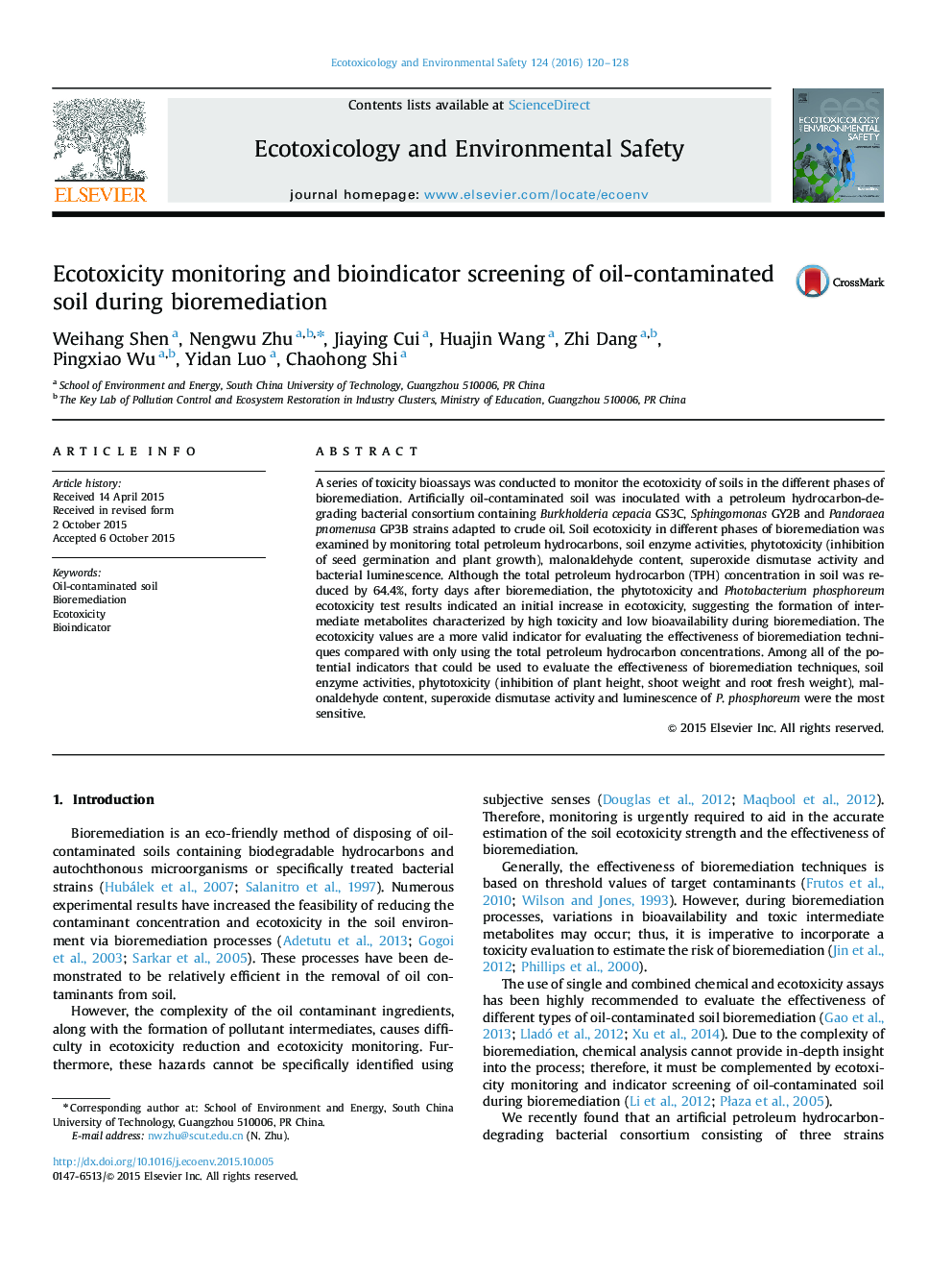 Ecotoxicity monitoring and bioindicator screening of oil-contaminated soil during bioremediation