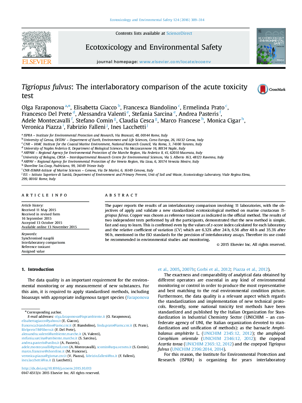 Tigriopus fulvus: The interlaboratory comparison of the acute toxicity test