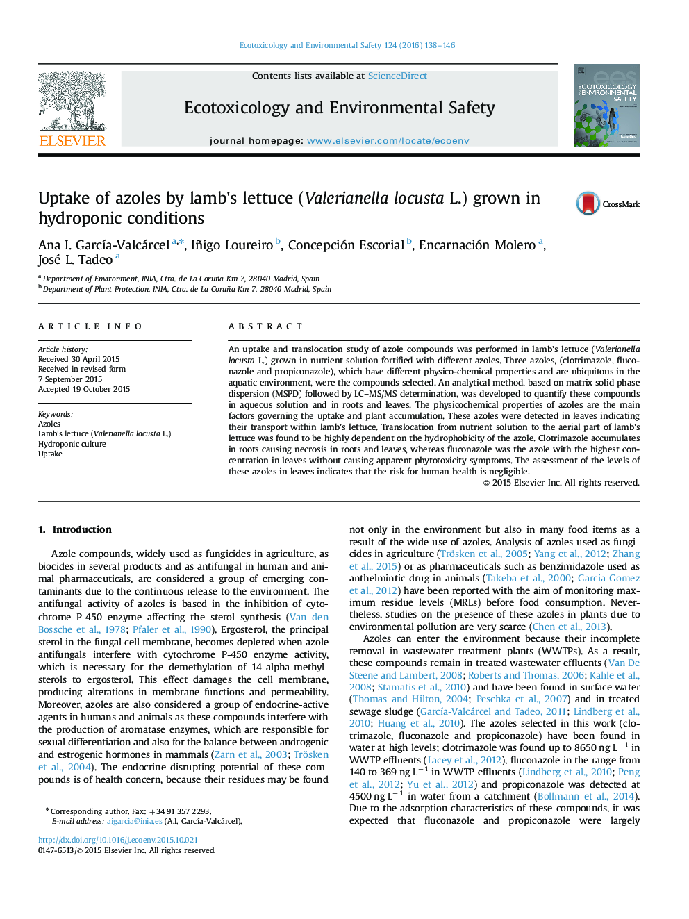 Uptake of azoles by lamb's lettuce (Valerianella locusta L.) grown in hydroponic conditions