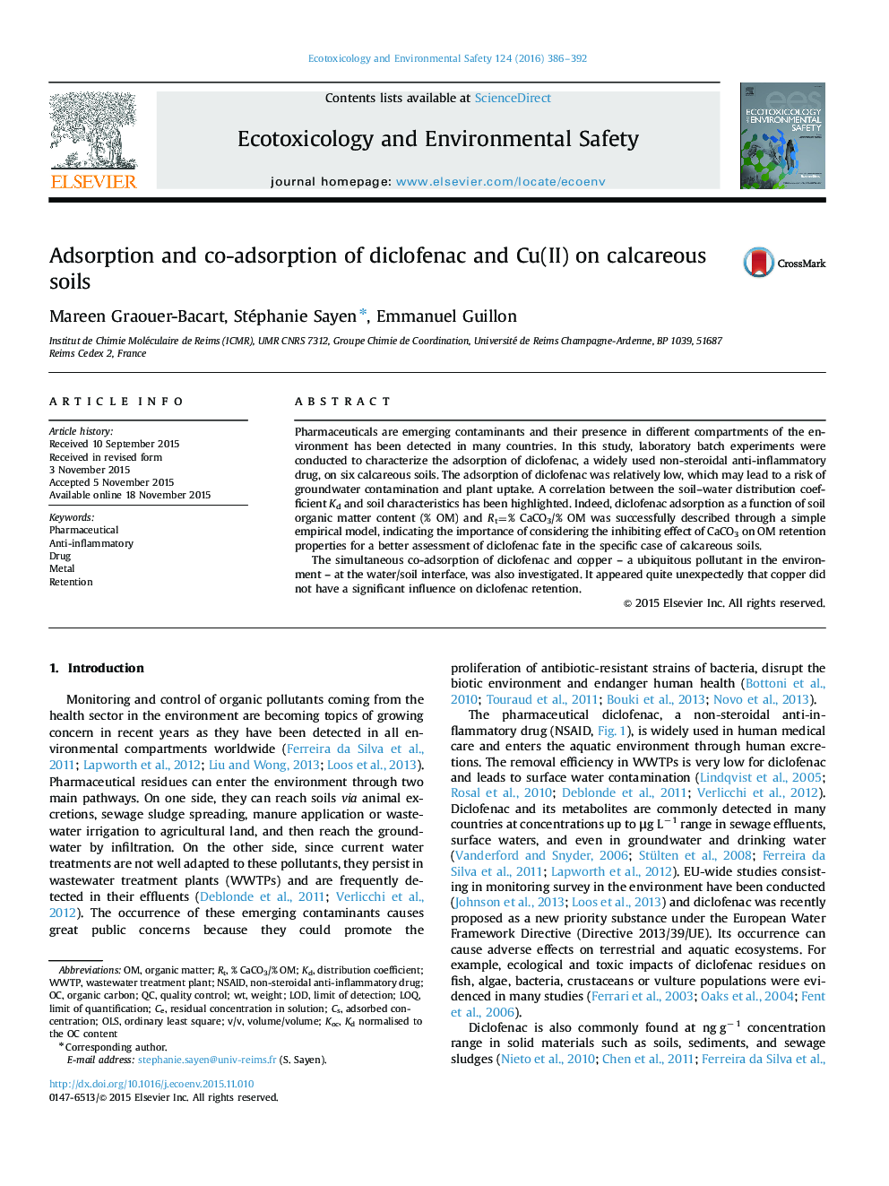 Adsorption and co-adsorption of diclofenac and Cu(II) on calcareous soils