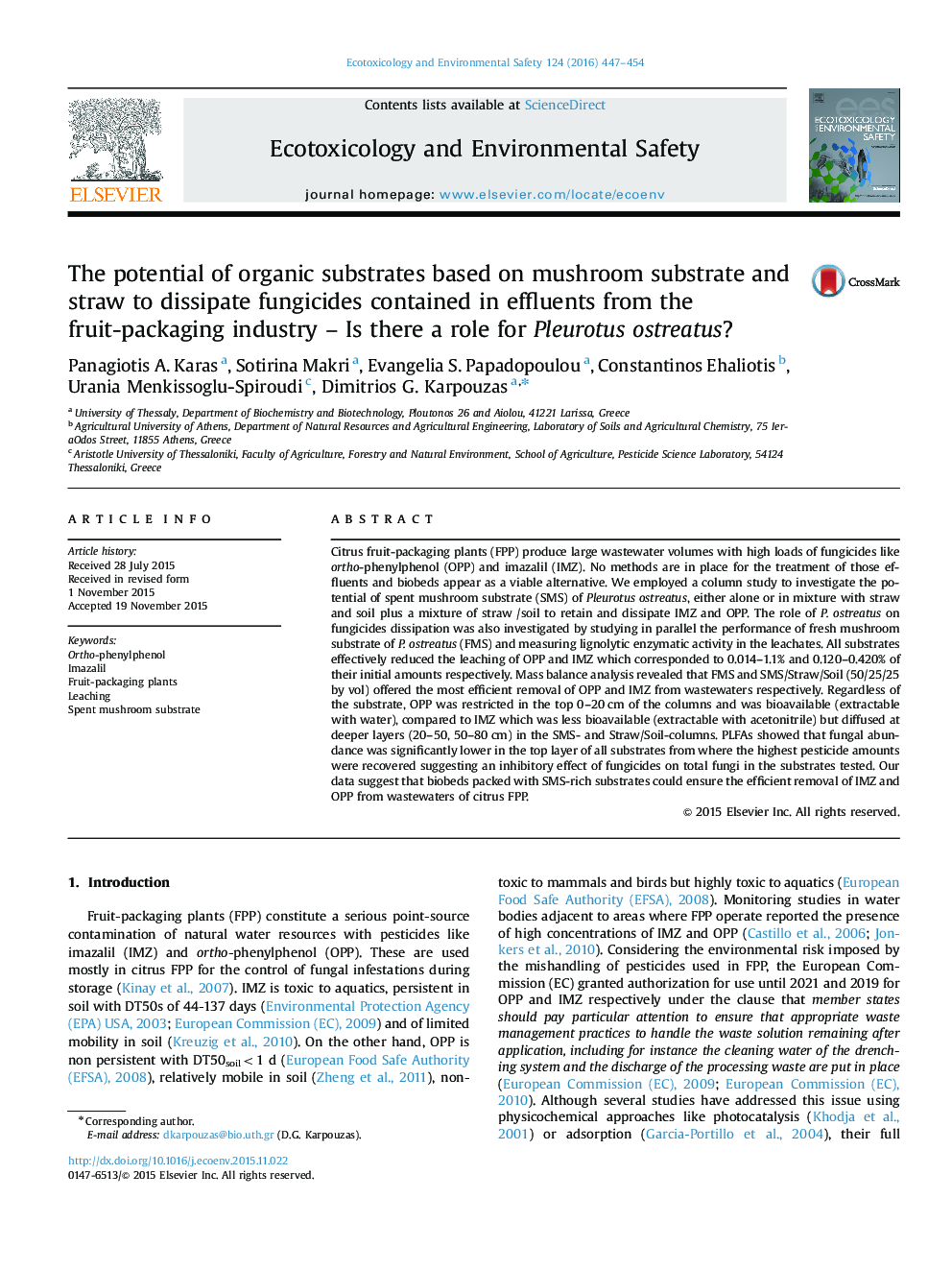 The potential of organic substrates based on mushroom substrate and straw to dissipate fungicides contained in effluents from the fruit-packaging industry - Is there a role for Pleurotus ostreatus?