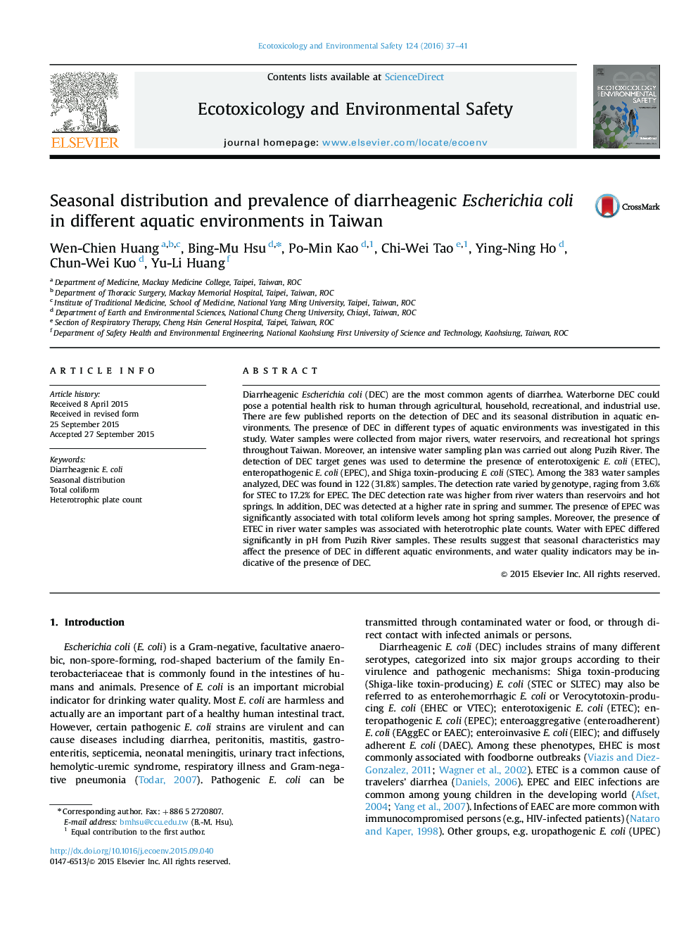 Seasonal distribution and prevalence of diarrheagenic Escherichia coli in different aquatic environments in Taiwan