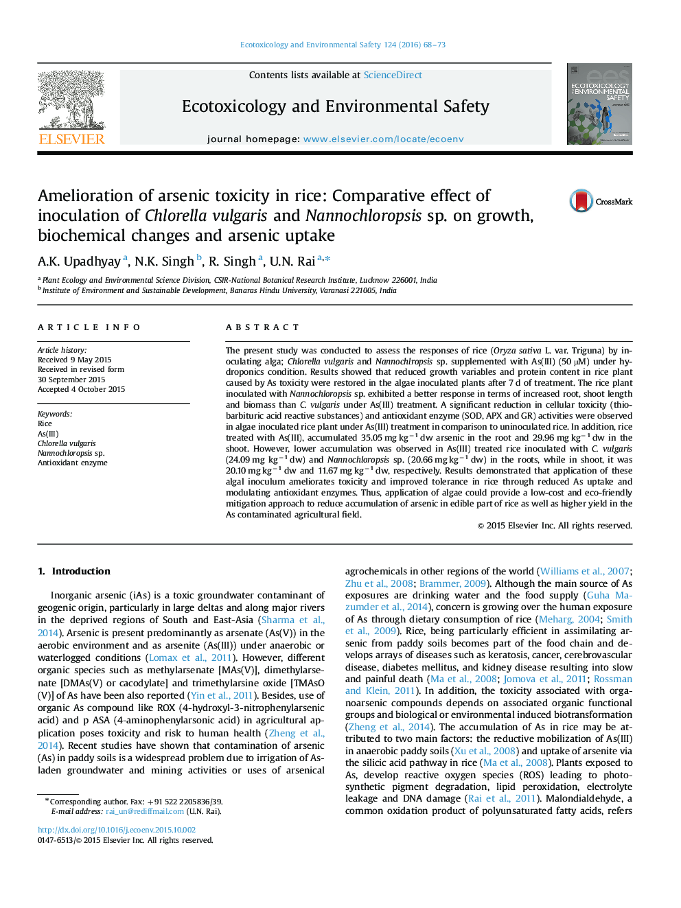 Amelioration of arsenic toxicity in rice: Comparative effect of inoculation of Chlorella vulgaris and Nannochloropsis sp. on growth, biochemical changes and arsenic uptake