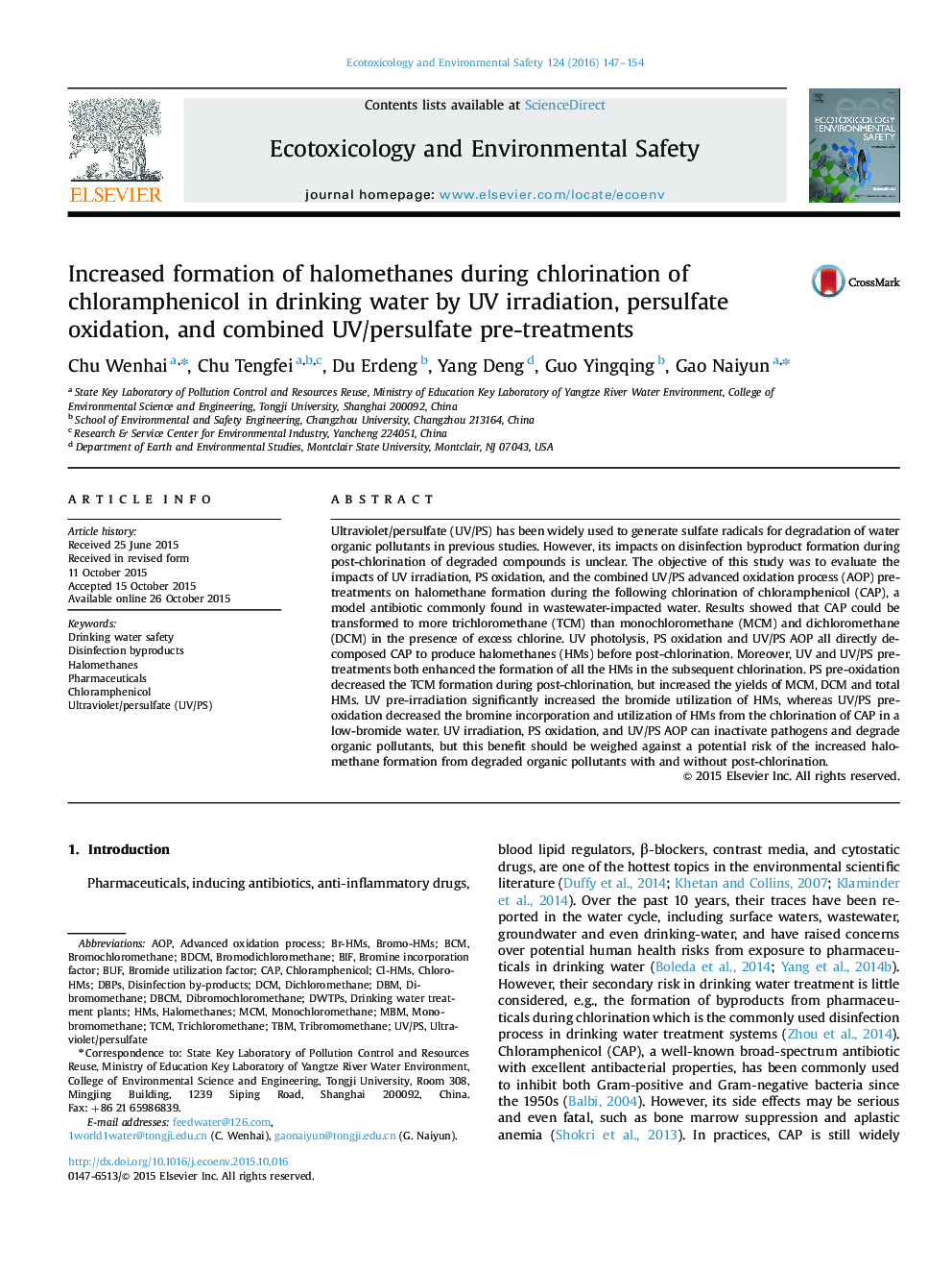 Increased formation of halomethanes during chlorination of chloramphenicol in drinking water by UV irradiation, persulfate oxidation, and combined UV/persulfate pre-treatments