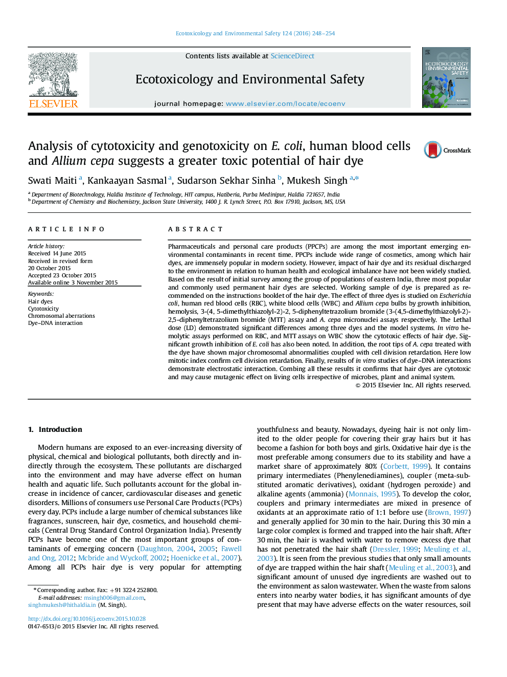 Analysis of cytotoxicity and genotoxicity on E. coli, human blood cells and Allium cepa suggests a greater toxic potential of hair dye