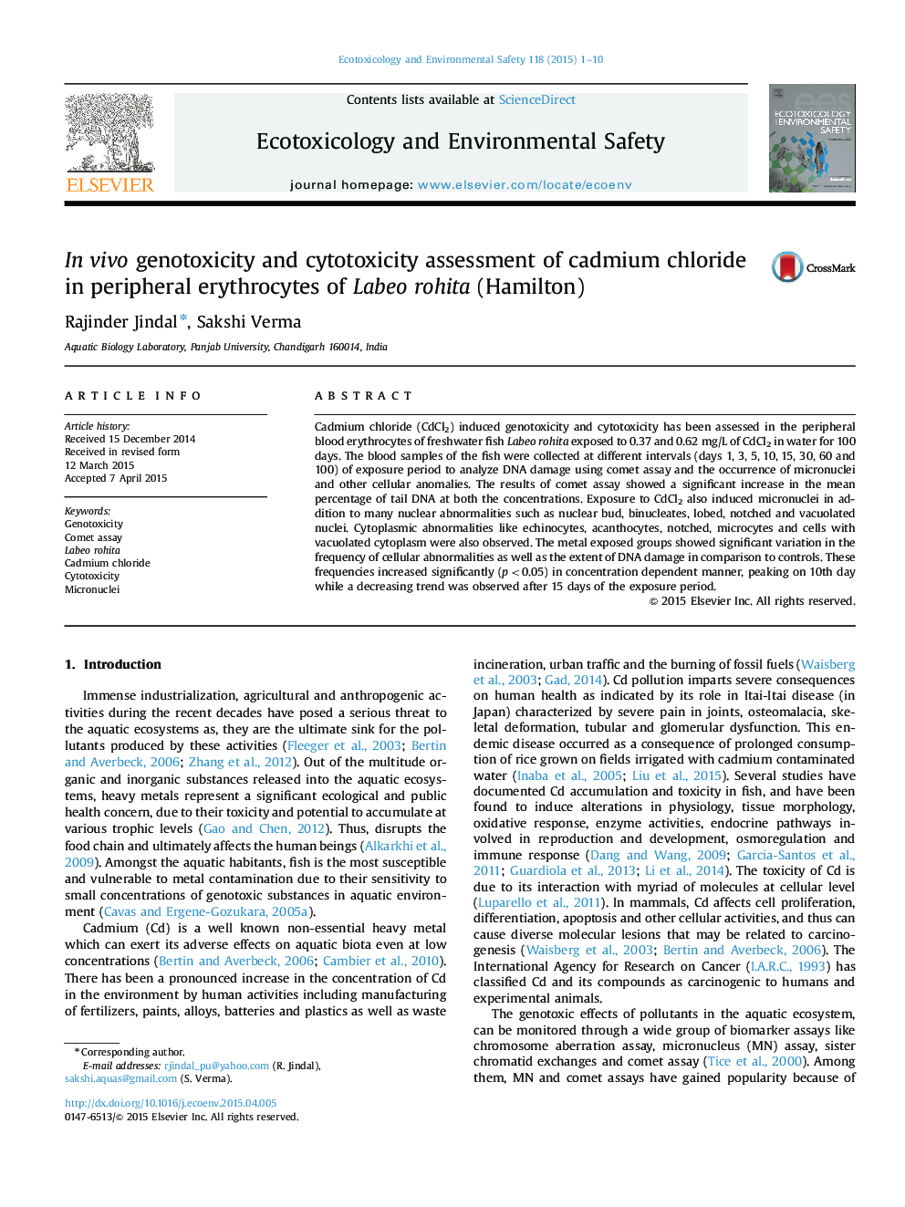 In vivo genotoxicity and cytotoxicity assessment of cadmium chloride in peripheral erythrocytes of Labeo rohita (Hamilton)