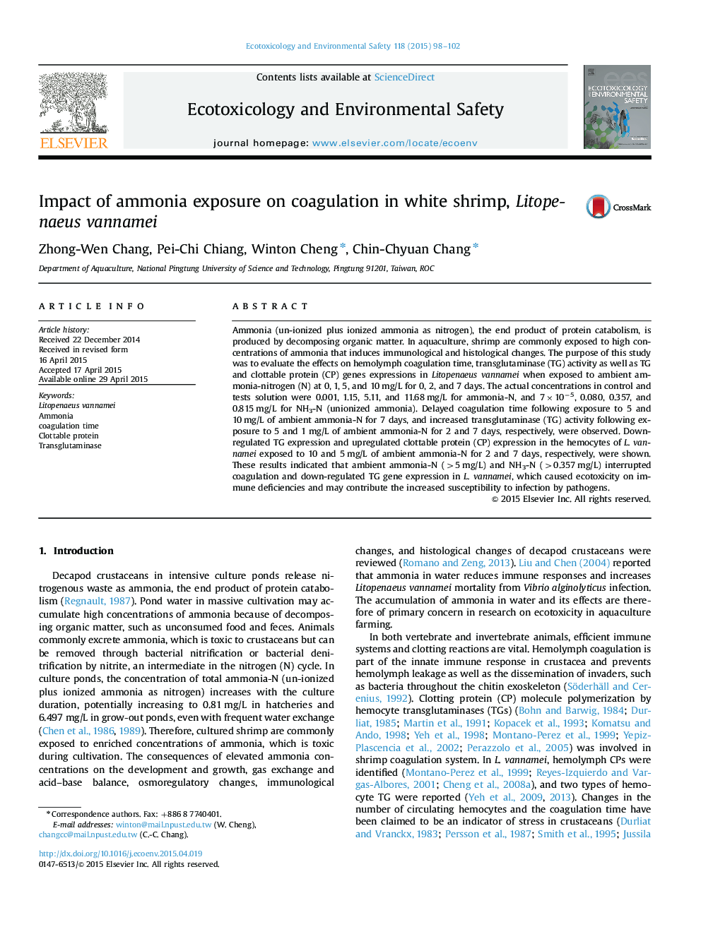 Impact of ammonia exposure on coagulation in white shrimp, Litopenaeus vannamei