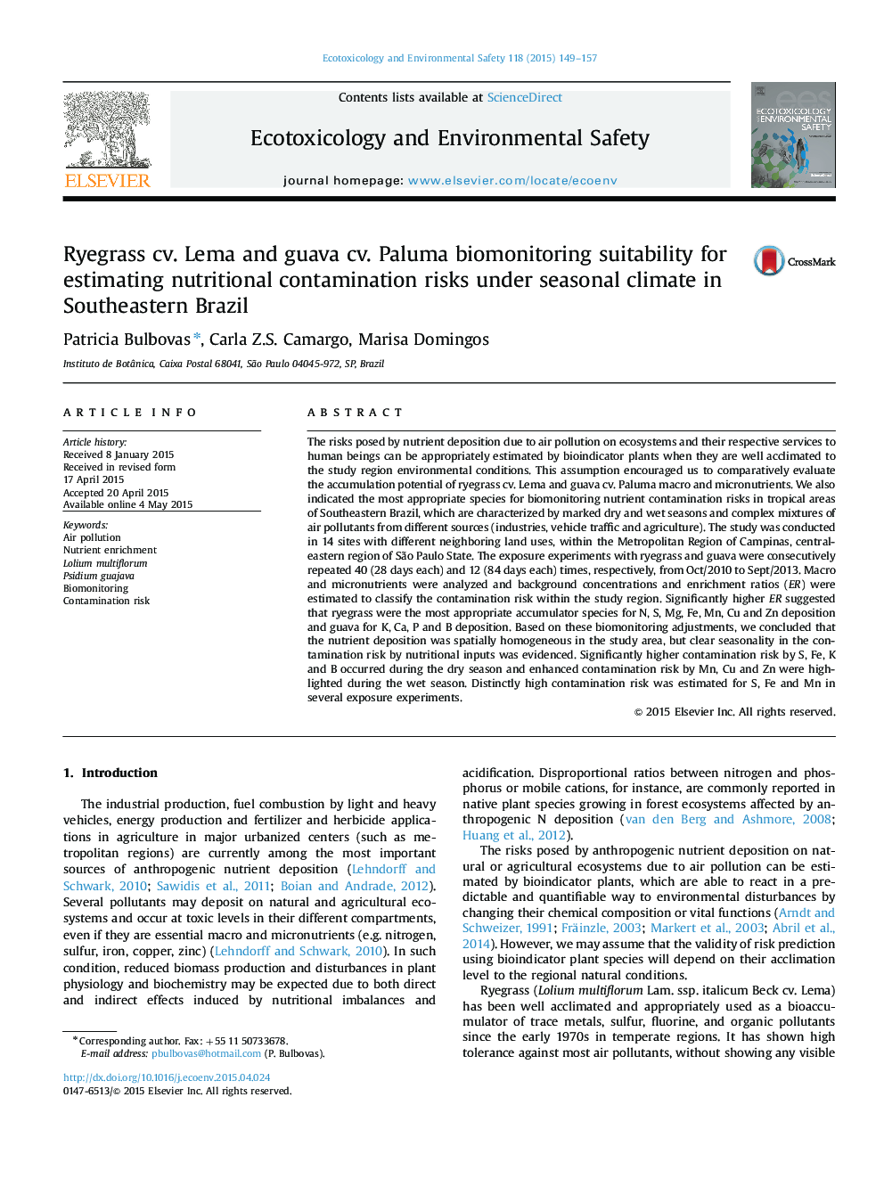 Ryegrass cv. Lema and guava cv. Paluma biomonitoring suitability for estimating nutritional contamination risks under seasonal climate in Southeastern Brazil