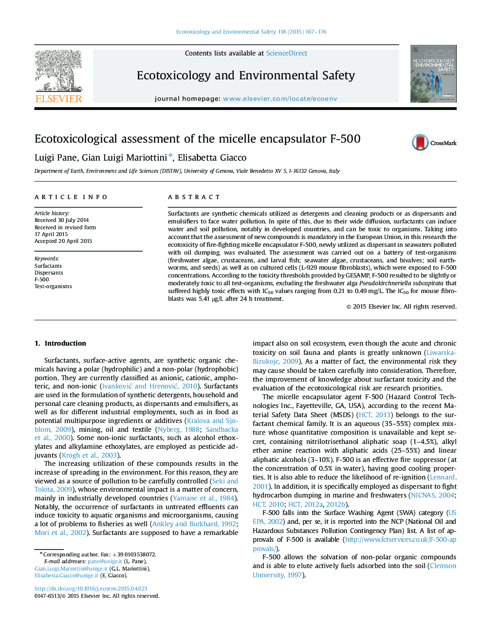 Ecotoxicological assessment of the micelle encapsulator F-500