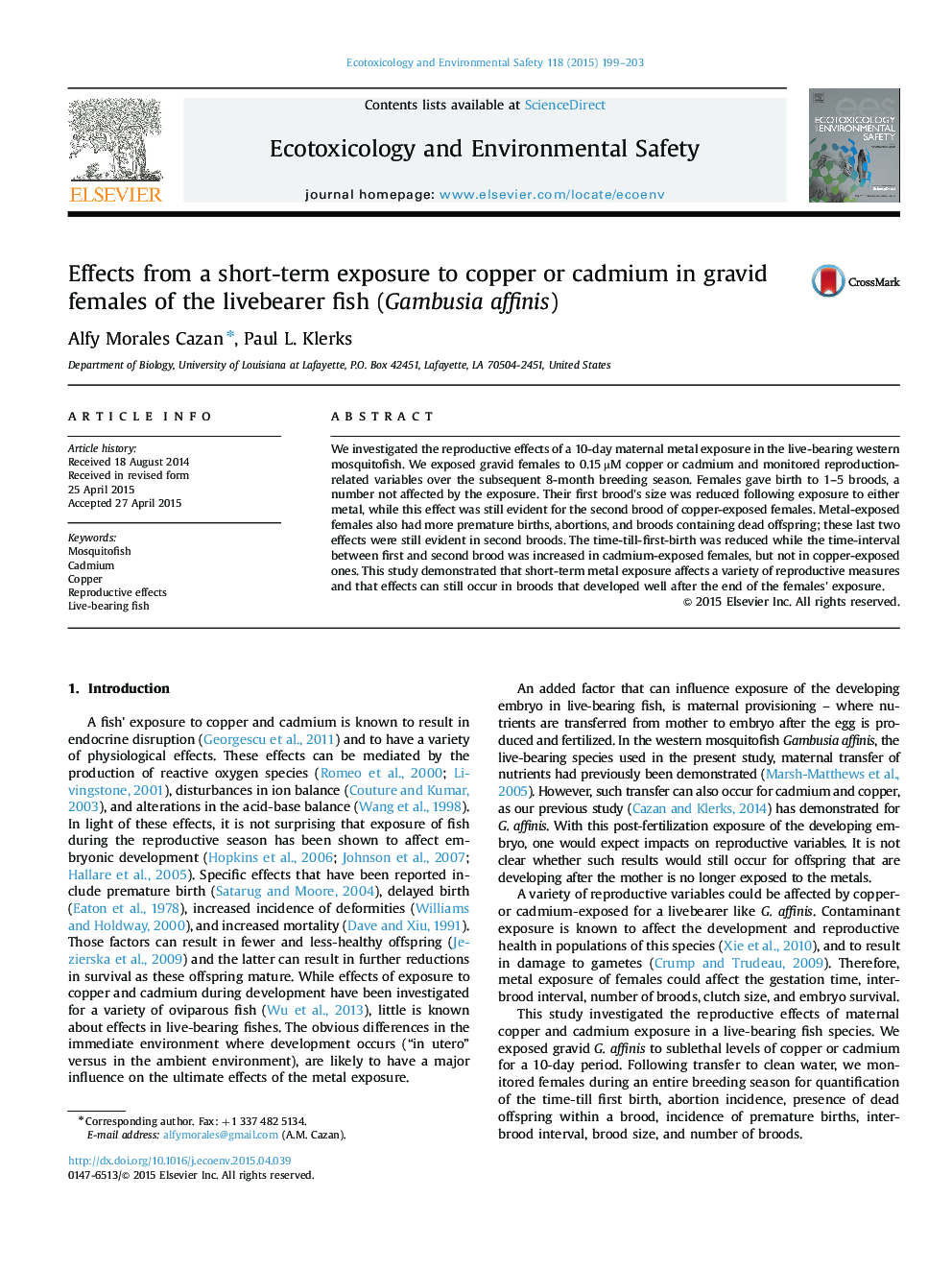 Effects from a short-term exposure to copper or cadmium in gravid females of the livebearer fish (Gambusia affinis)