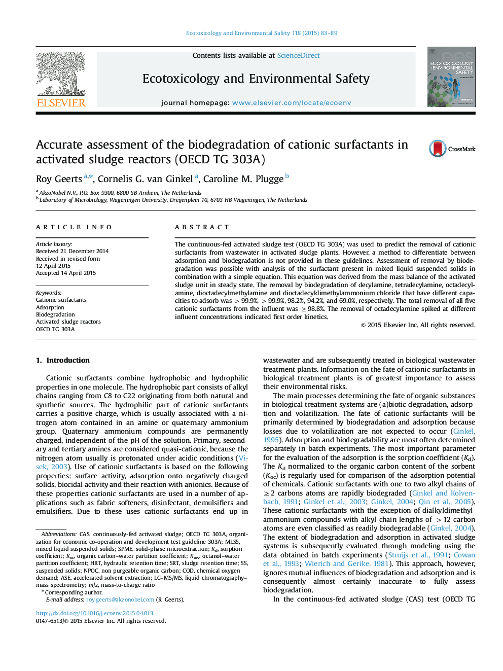 Accurate assessment of the biodegradation of cationic surfactants in activated sludge reactors (OECD TG 303A)