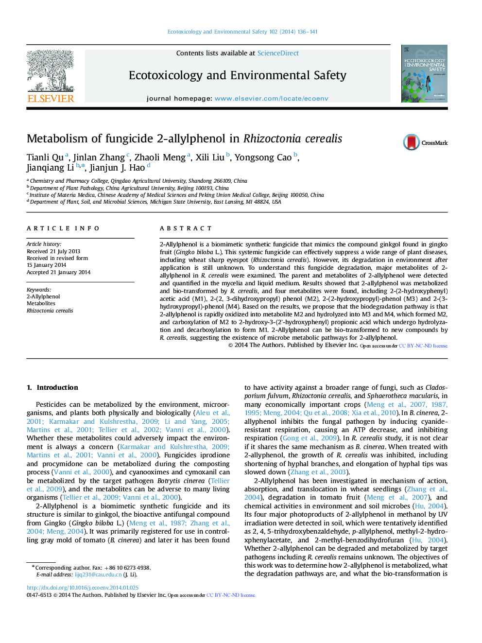 Metabolism of fungicide 2-allylphenol in Rhizoctonia cerealis