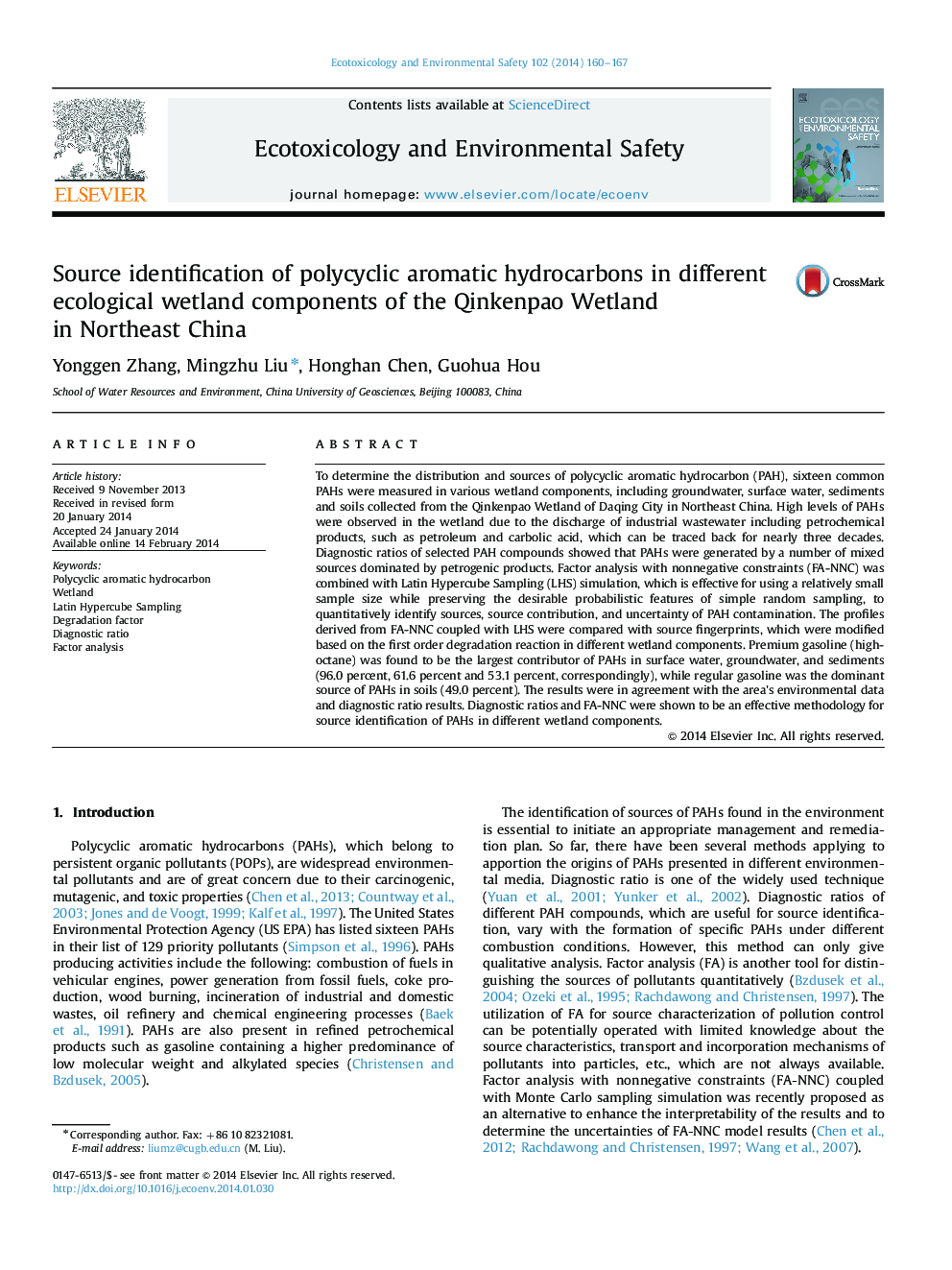 Source identification of polycyclic aromatic hydrocarbons in different ecological wetland components of the Qinkenpao Wetland in Northeast China