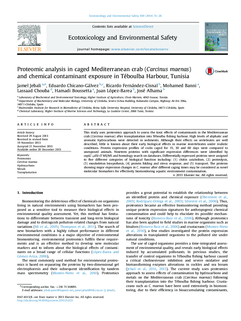 Proteomic analysis in caged Mediterranean crab (Carcinus maenas) and chemical contaminant exposure in Téboulba Harbour, Tunisia