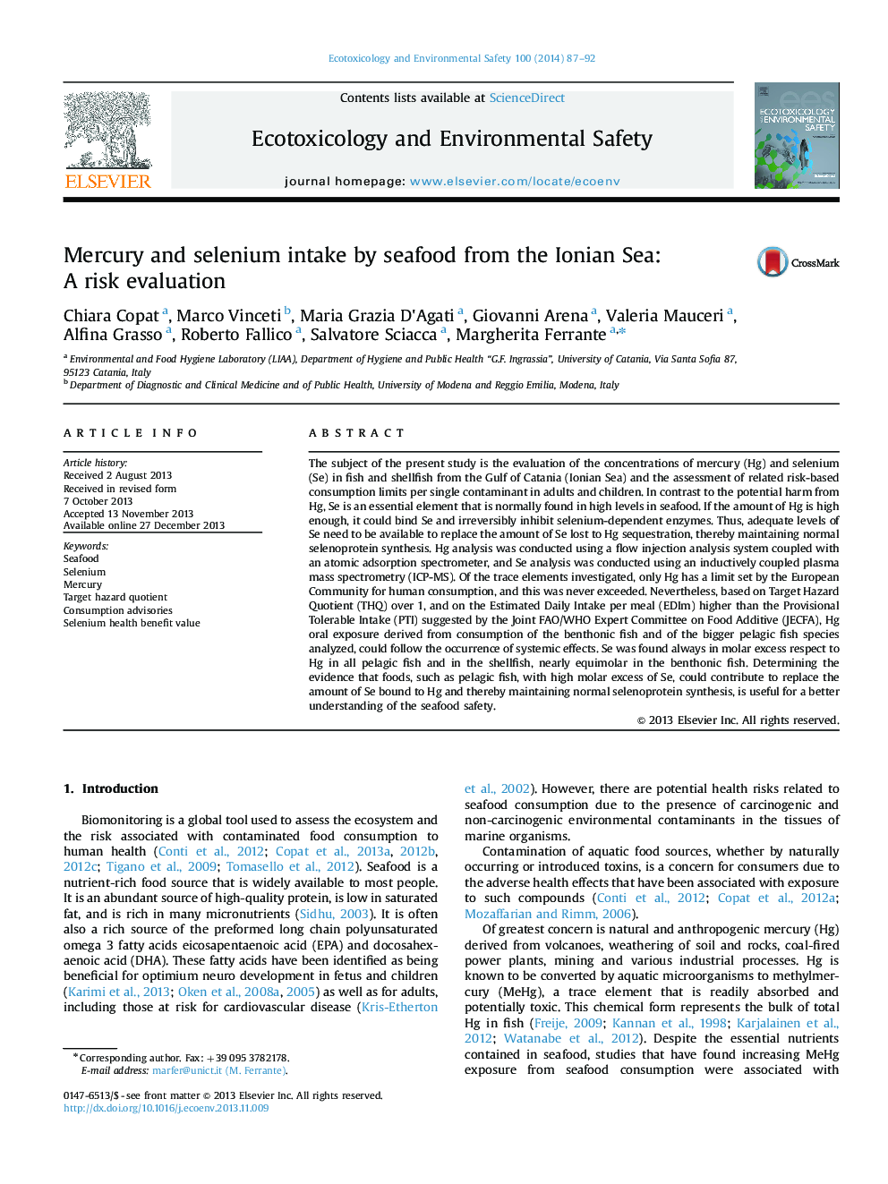 Mercury and selenium intake by seafood from the Ionian Sea: A risk evaluation