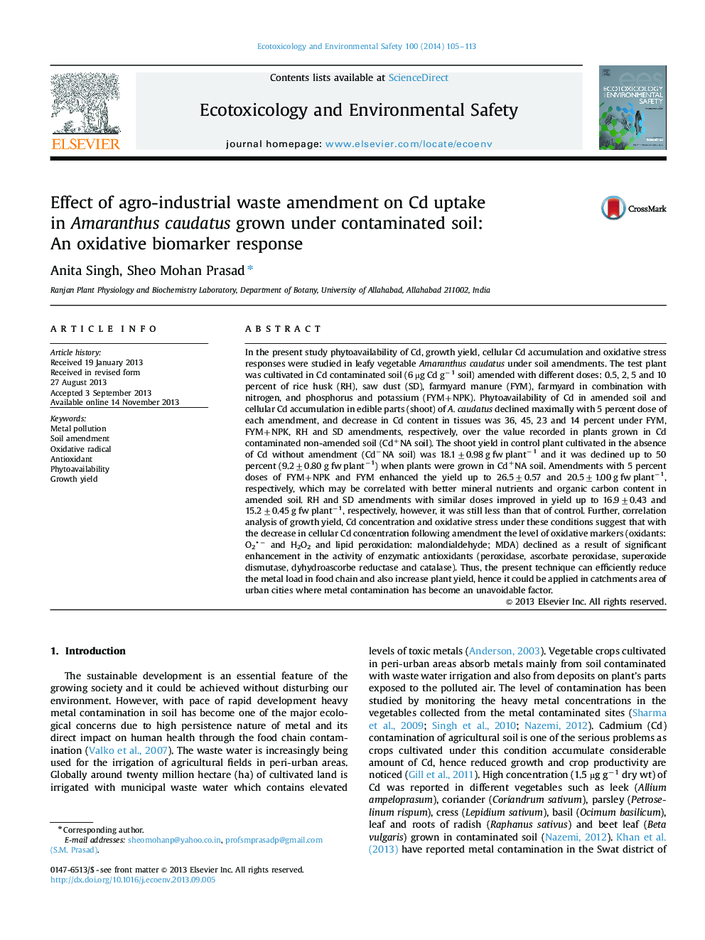Effect of agro-industrial waste amendment on Cd uptake in Amaranthus caudatus grown under contaminated soil: An oxidative biomarker response