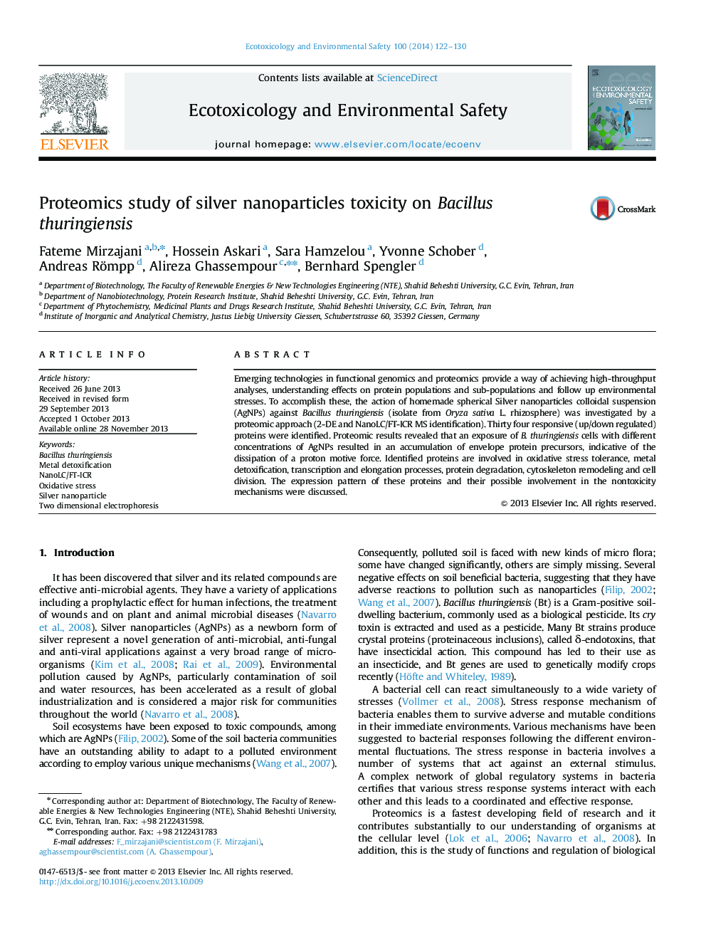 Proteomics study of silver nanoparticles toxicity on Bacillus thuringiensis