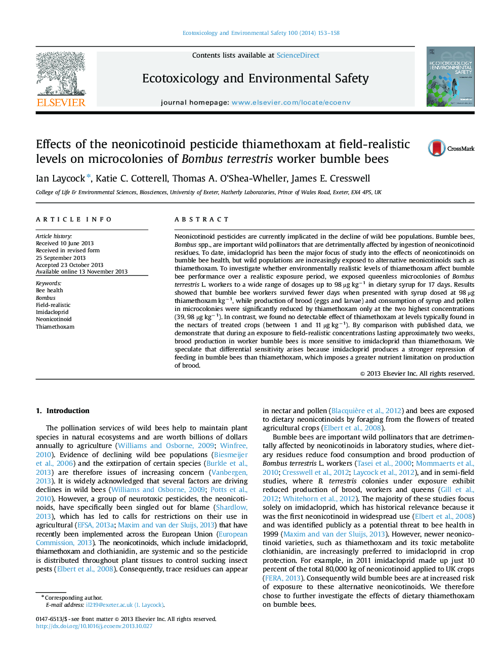 Effects of the neonicotinoid pesticide thiamethoxam at field-realistic levels on microcolonies of Bombus terrestris worker bumble bees