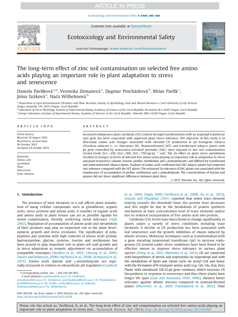 The long-term effect of zinc soil contamination on selected free amino acids playing an important role in plant adaptation to stress and senescence