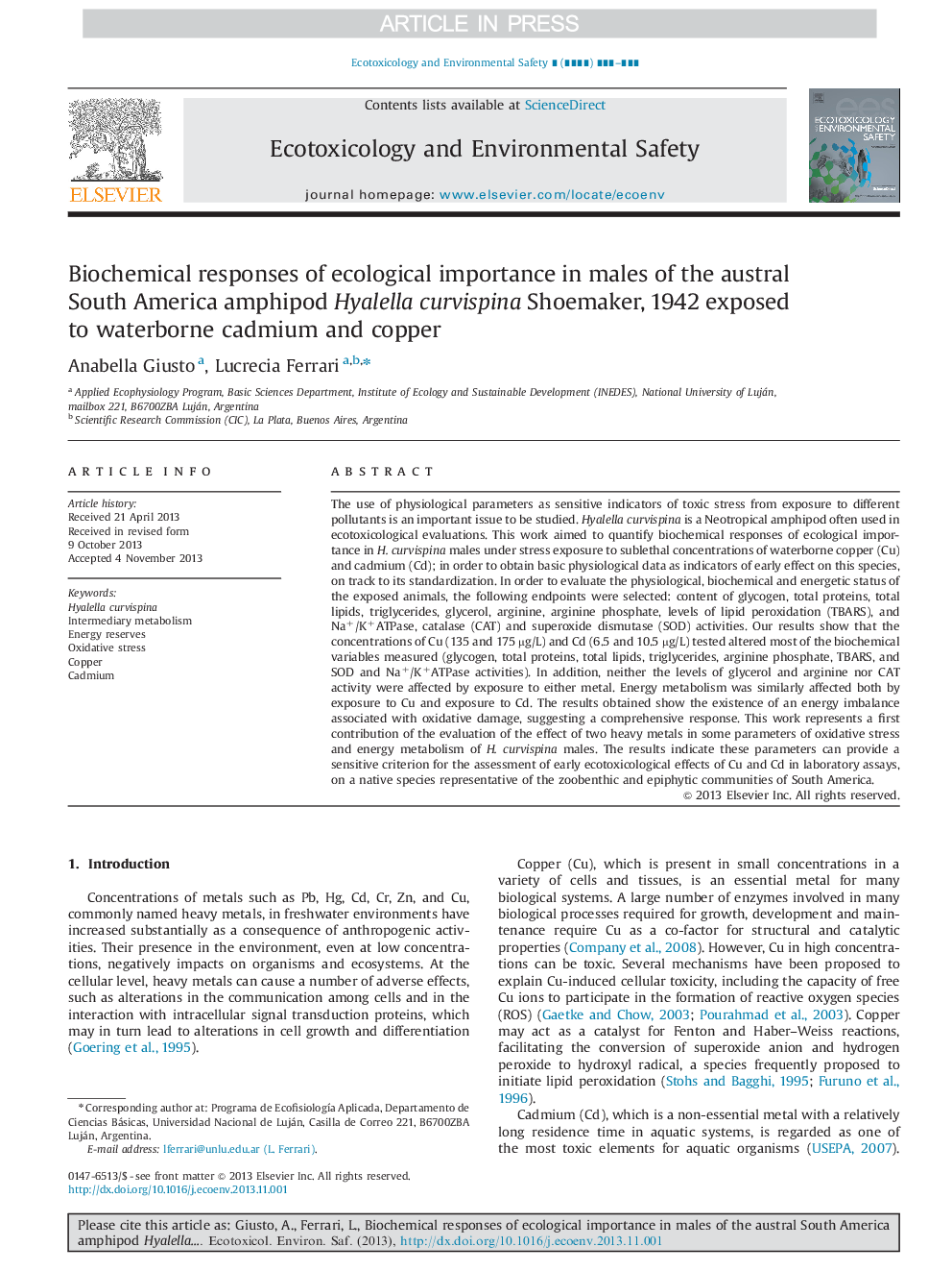 Biochemical responses of ecological importance in males of the austral South America amphipod Hyalella curvispina Shoemaker, 1942 exposed to waterborne cadmium and copper