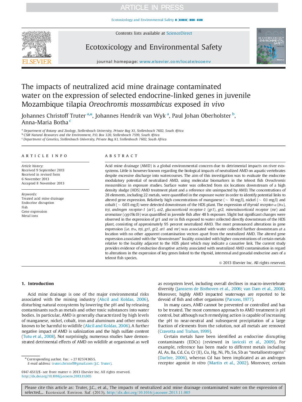 The impacts of neutralized acid mine drainage contaminated water on the expression of selected endocrine-linked genes in juvenile Mozambique tilapia Oreochromis mossambicus exposed in vivo